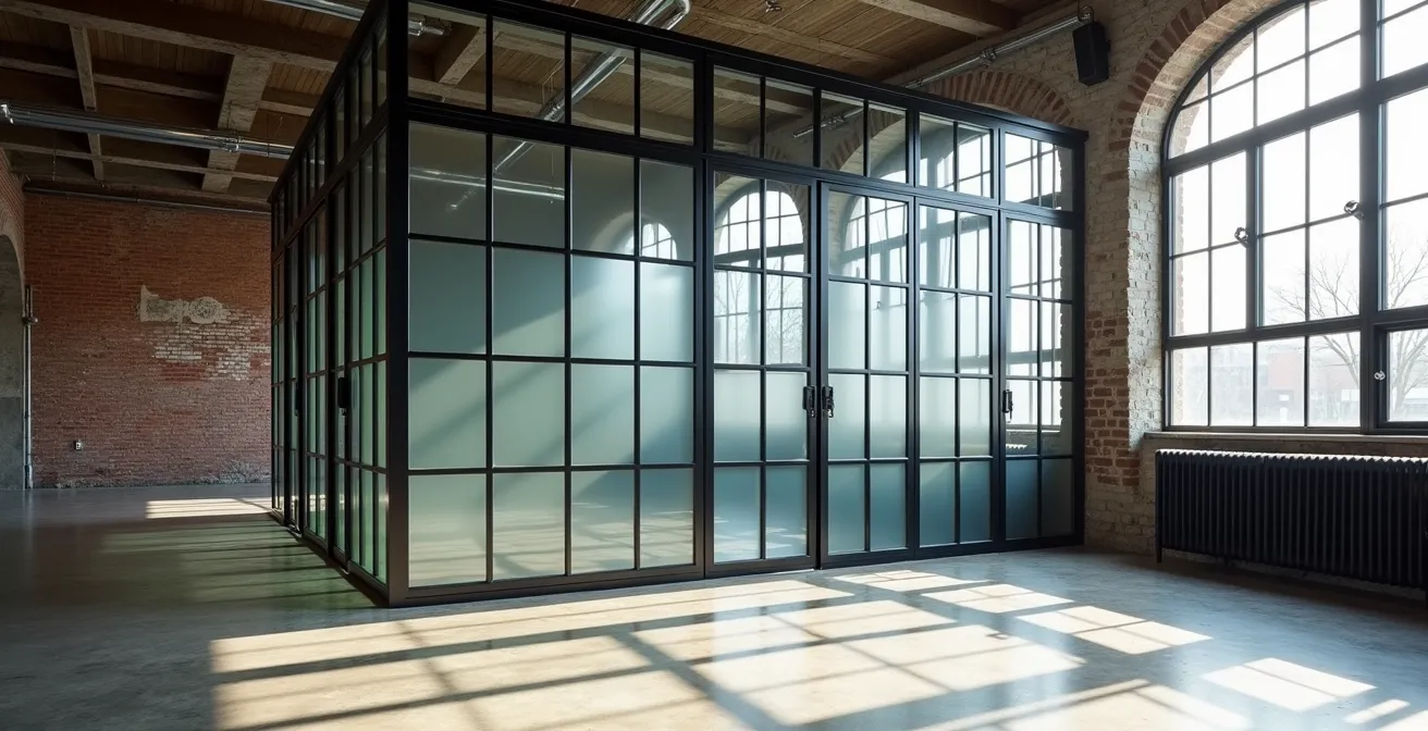 Cloison vitrée de style atelier dans un loft québécois séparant salon et cuisine