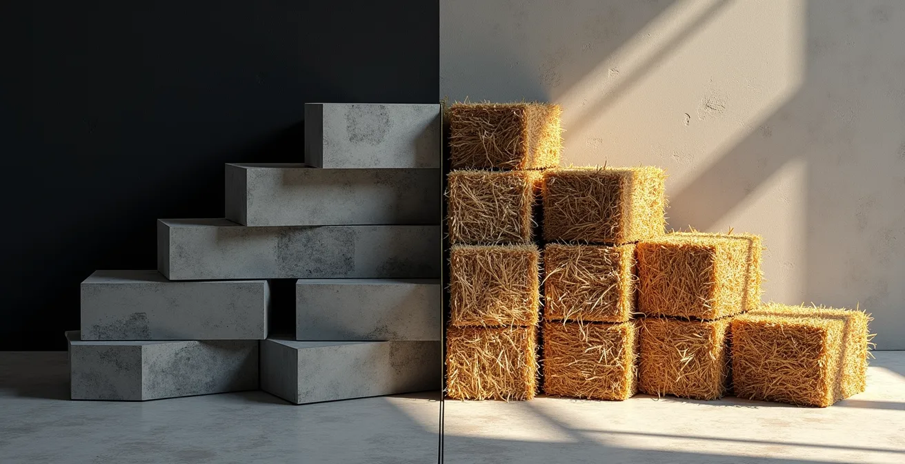 Comparaison visuelle de l'énergie grise entre différents matériaux de construction écologiques et conventionnels