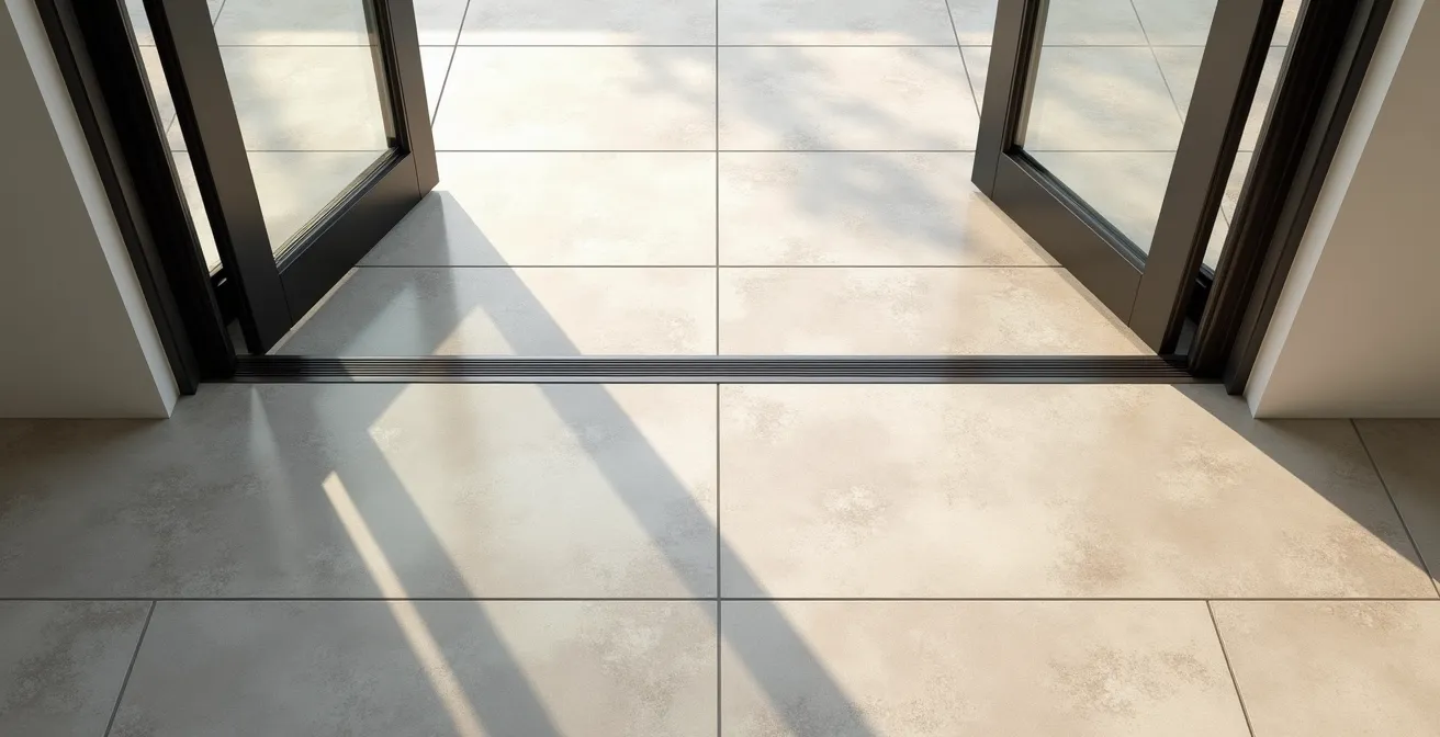 Vue en plongée montrant la continuité parfaite d'un sol en grès cérame de l'intérieur vers l'extérieur