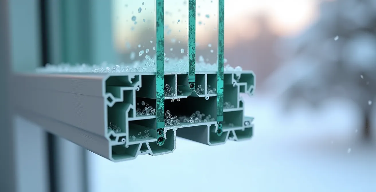 Vue en coupe d'un vitrage triple avec pellicules Low-E et intercalaire warm-edge visible