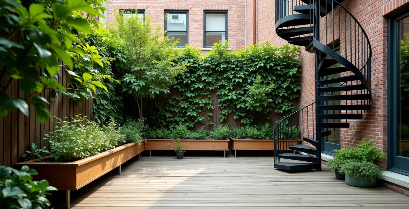 Petite cour arrière urbaine avec murs végétalisés et aménagement vertical