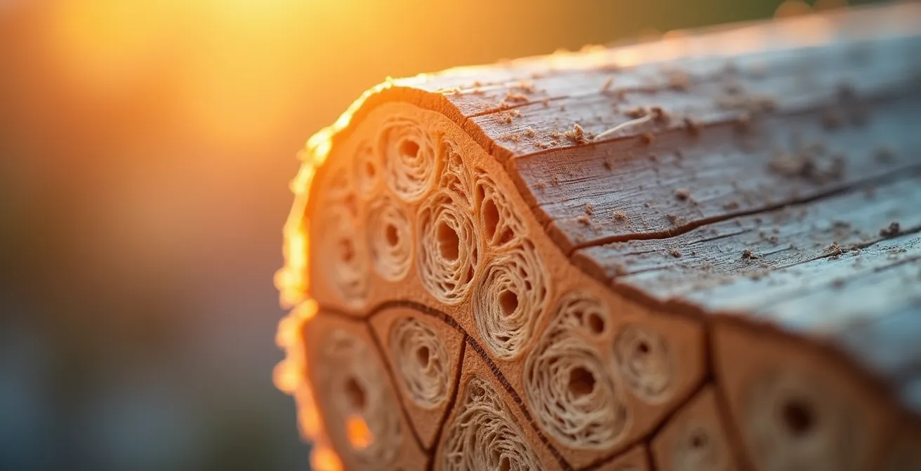 Diagramme temporel montrant le décalage de température entre l'extérieur et l'intérieur d'une maison isolée en fibre de bois sur 24 heures