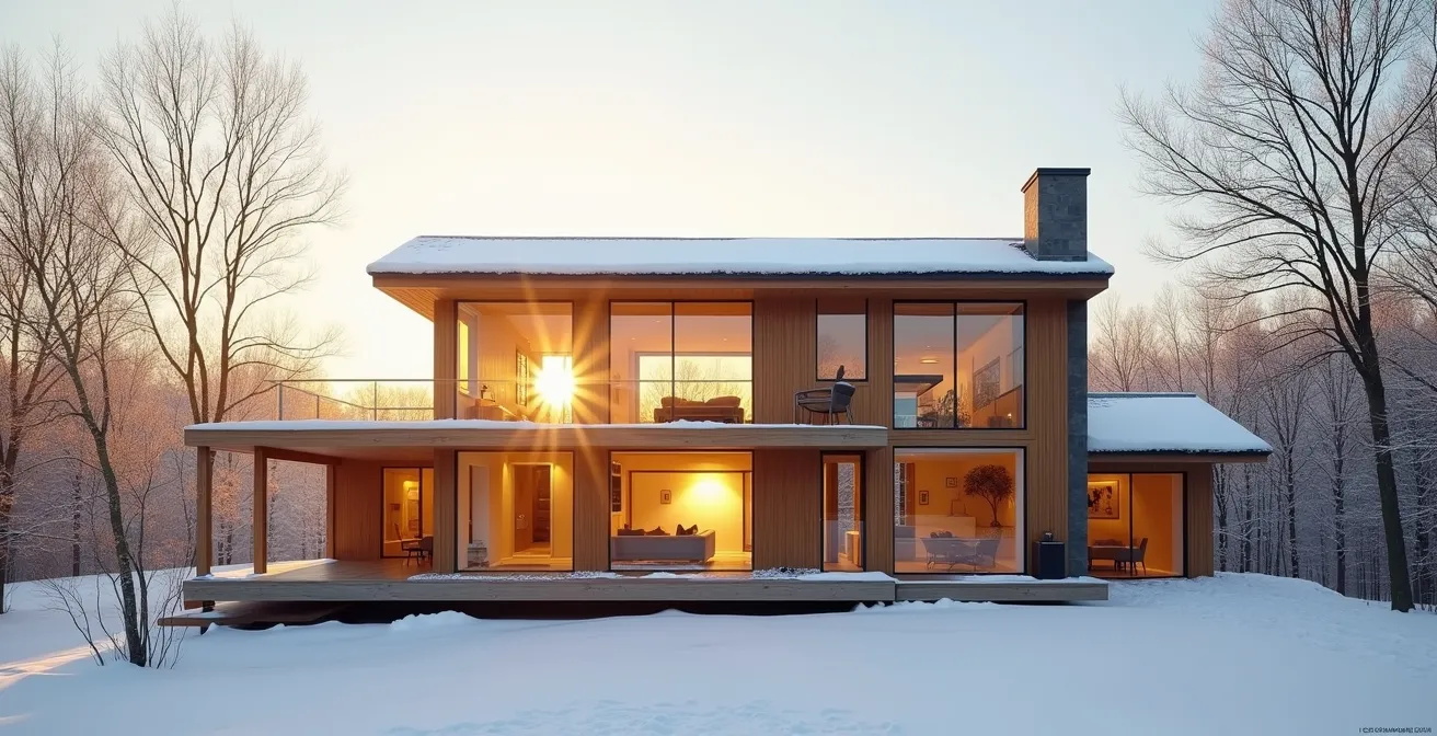 Illustration des principes de design passif avec orientation solaire et ventilation naturelle dans une maison québécoise