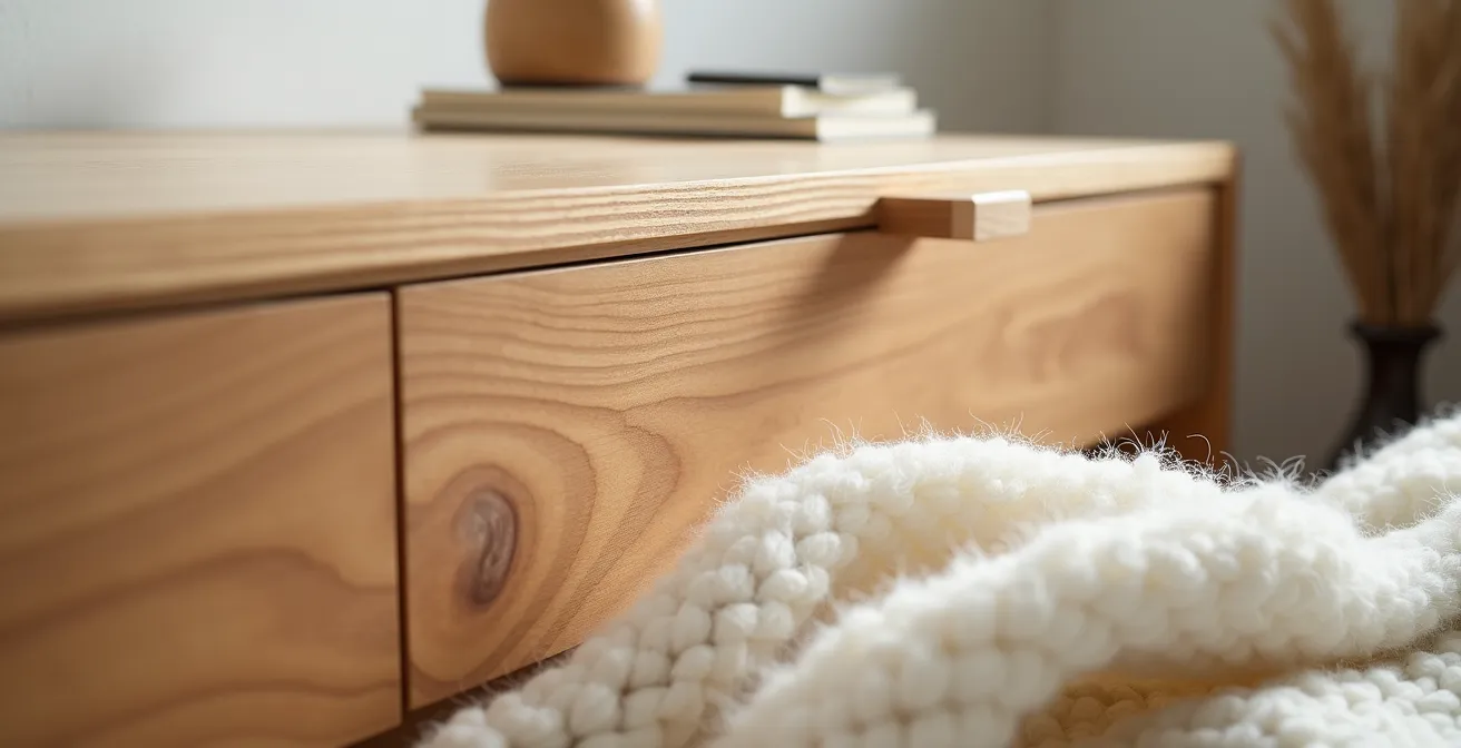 Salon minimaliste avec mobilier en bois d'érable québécois et lumière naturelle traversant de grandes fenêtres