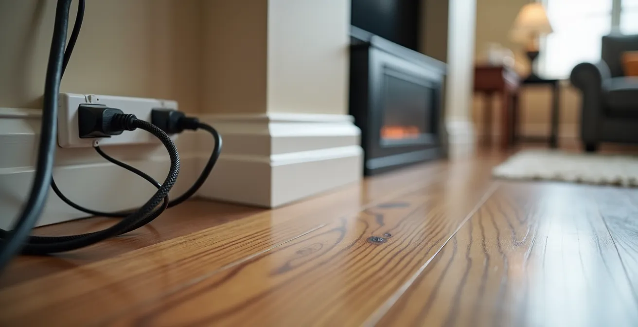 Gros plan sur l'organisation astucieuse des câbles et prises dans un salon québécois