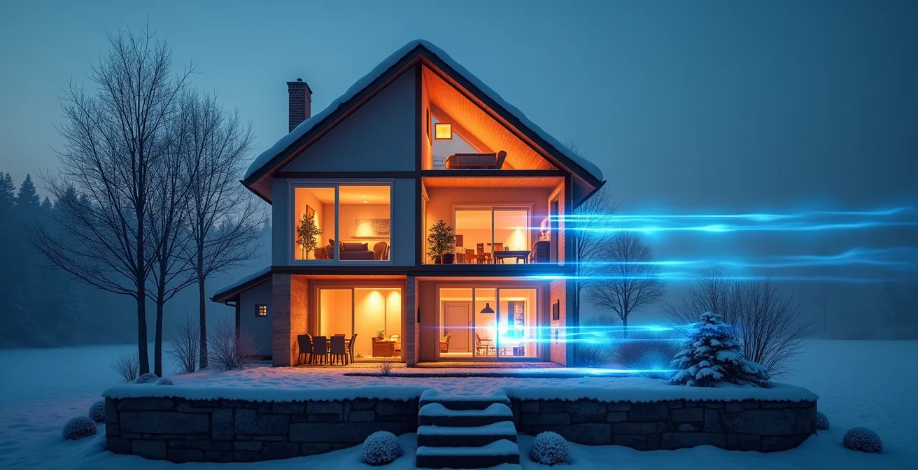 Vue en coupe d'une maison montrant les zones critiques de fuites d'air avec détection thermique