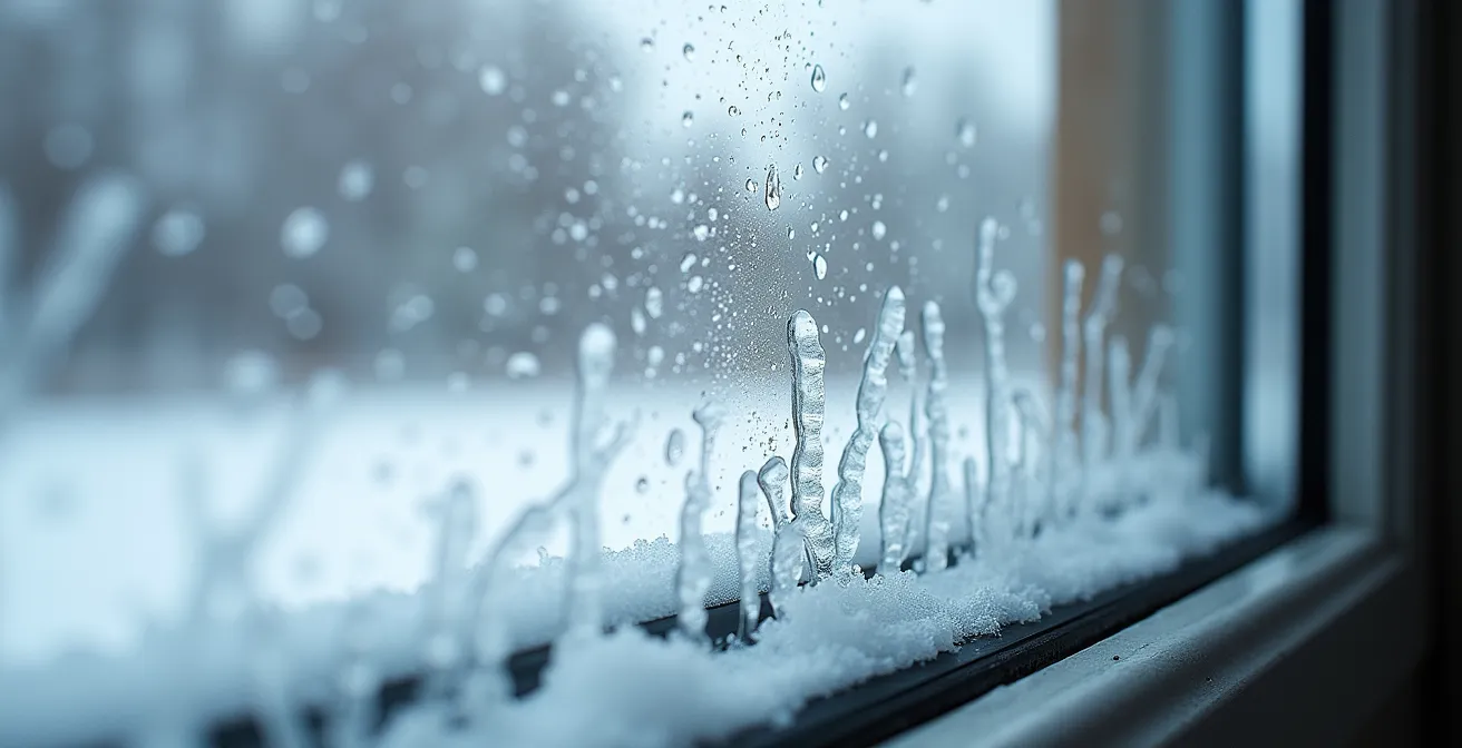 Gros plan sur une fenêtre montrant différents types de condensation en hiver avec diagnostic visuel