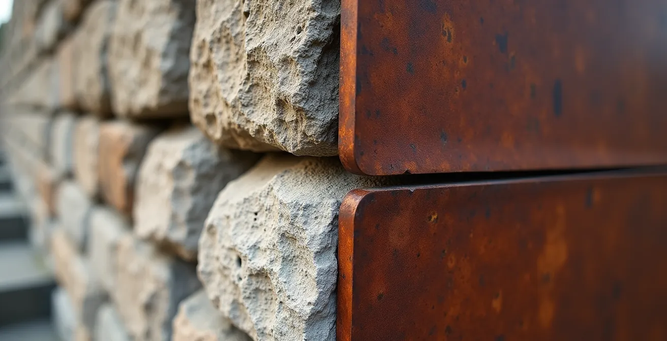 Gros plan sur la jonction entre pierre ancestrale et acier moderne d'une extension