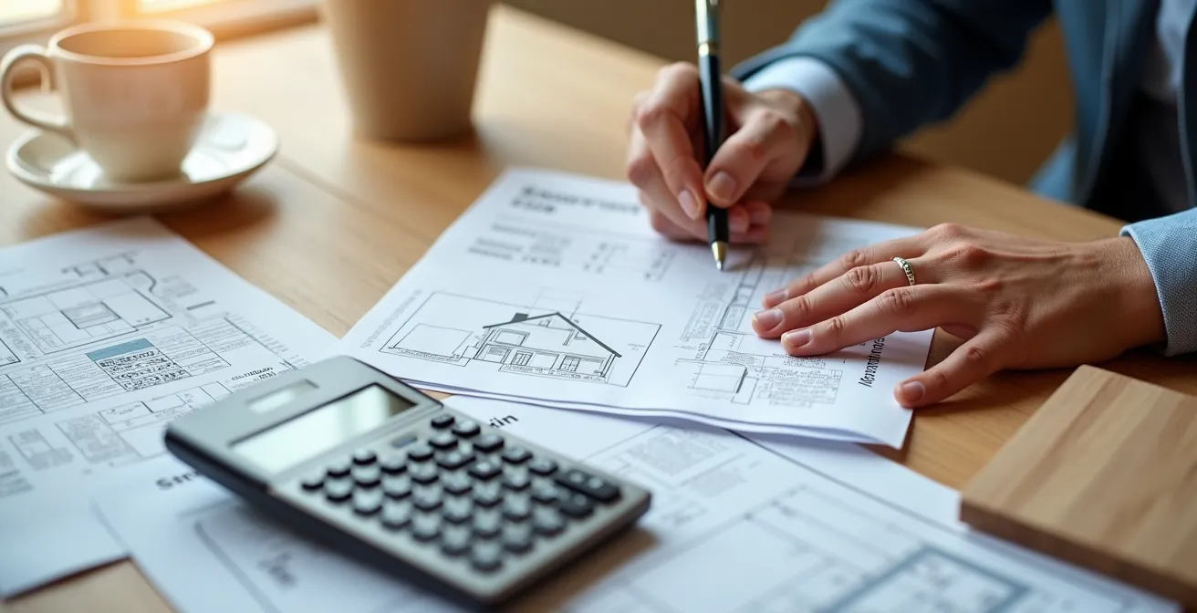 Vue de dessus d'une table de travail avec calculatrice, plans de maison et documents de subvention, mains prenant des notes
