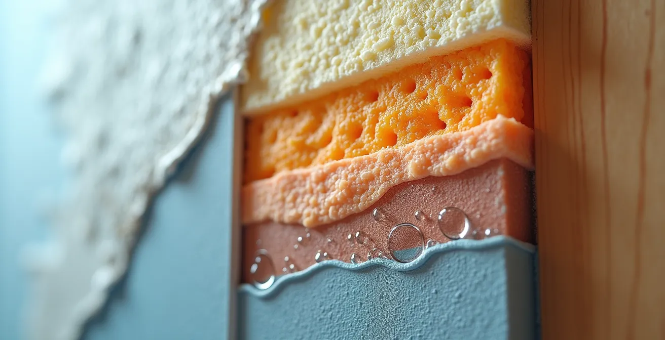 Coupe transversale d'une maison montrant l'enveloppe thermique continue comme une bouteille thermos