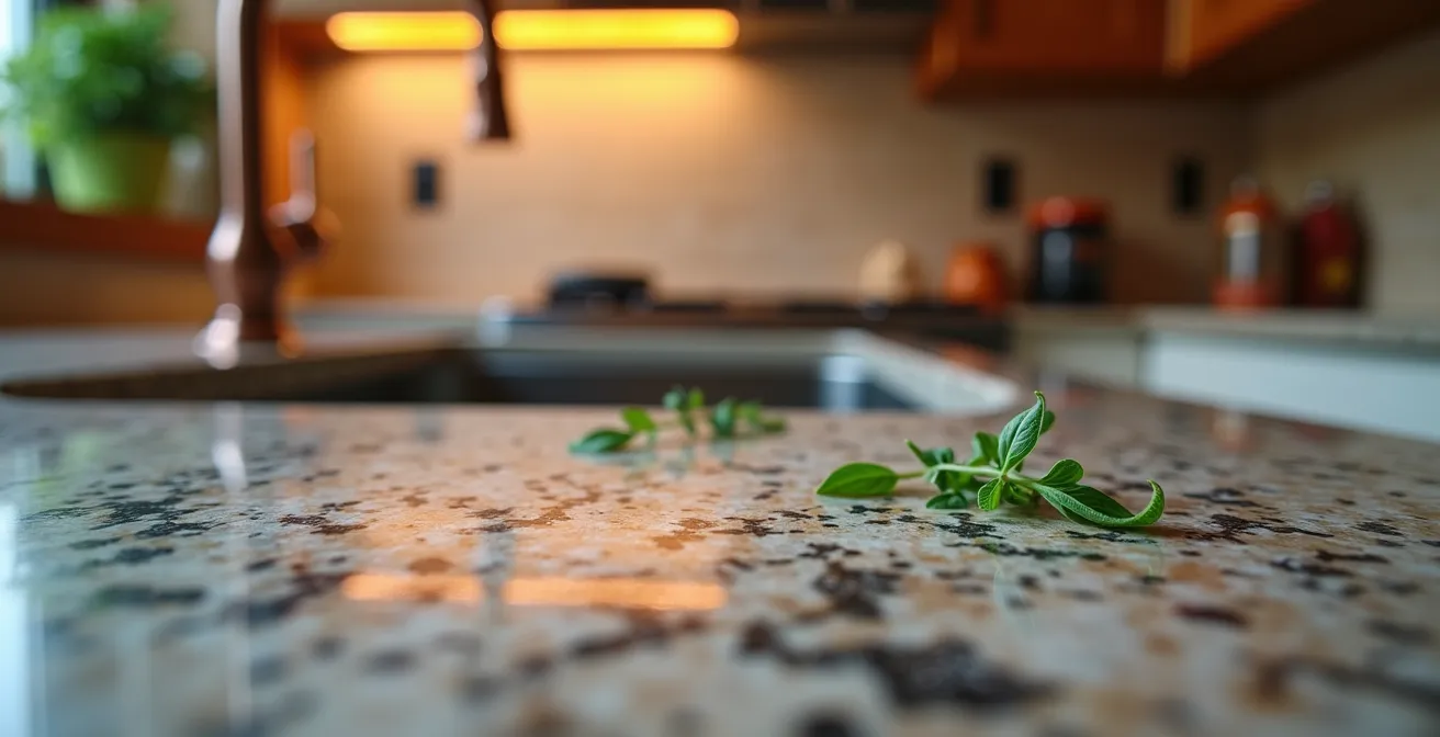 Gros plan sur un îlot de cuisine moderne avec comptoir en granit, rangements intégrés et espace repas