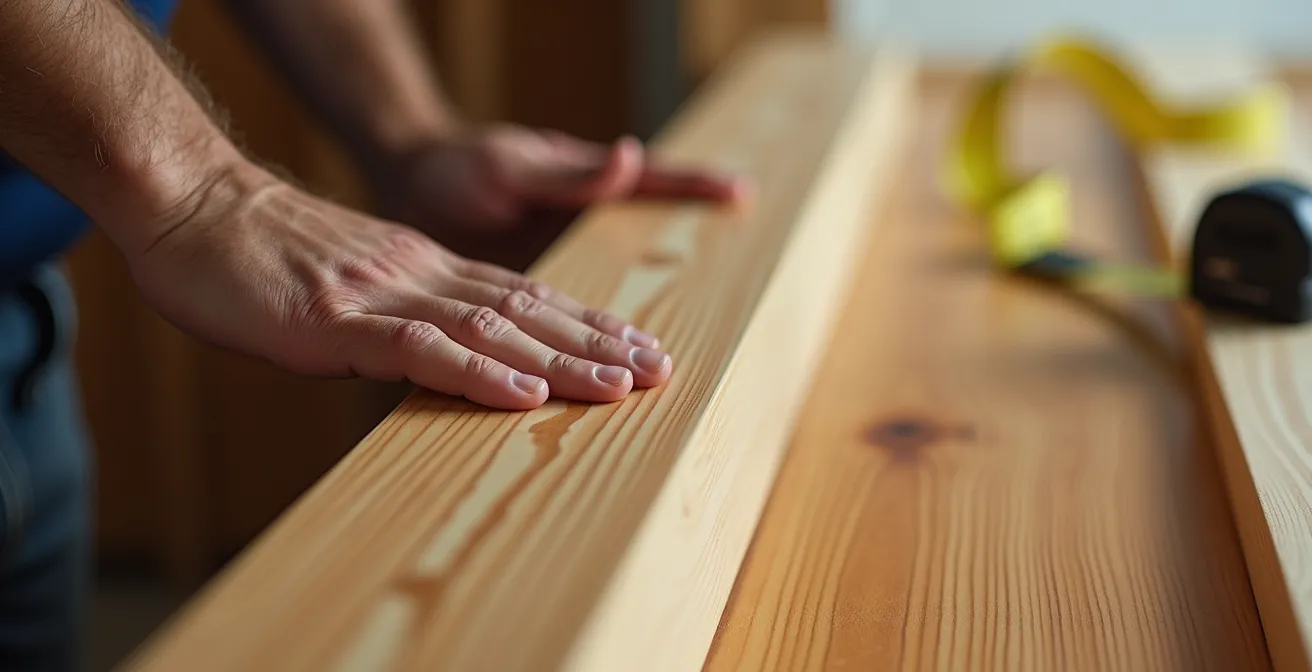 Gros plan sur une main vérifiant la finition d'un cadre de porte