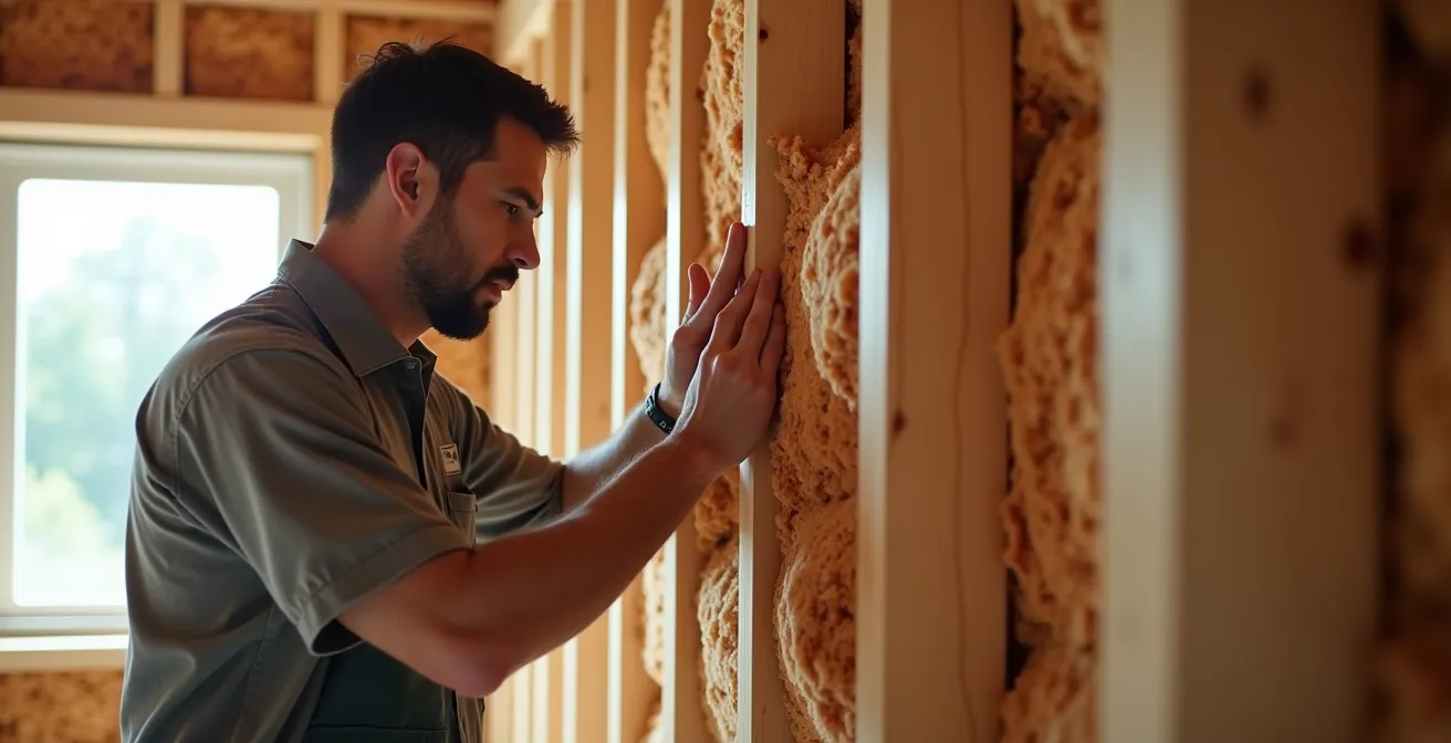 Ouvrier installant des panneaux de fibre de bois entre les montants d'une ossature bois dans une maison québécoise