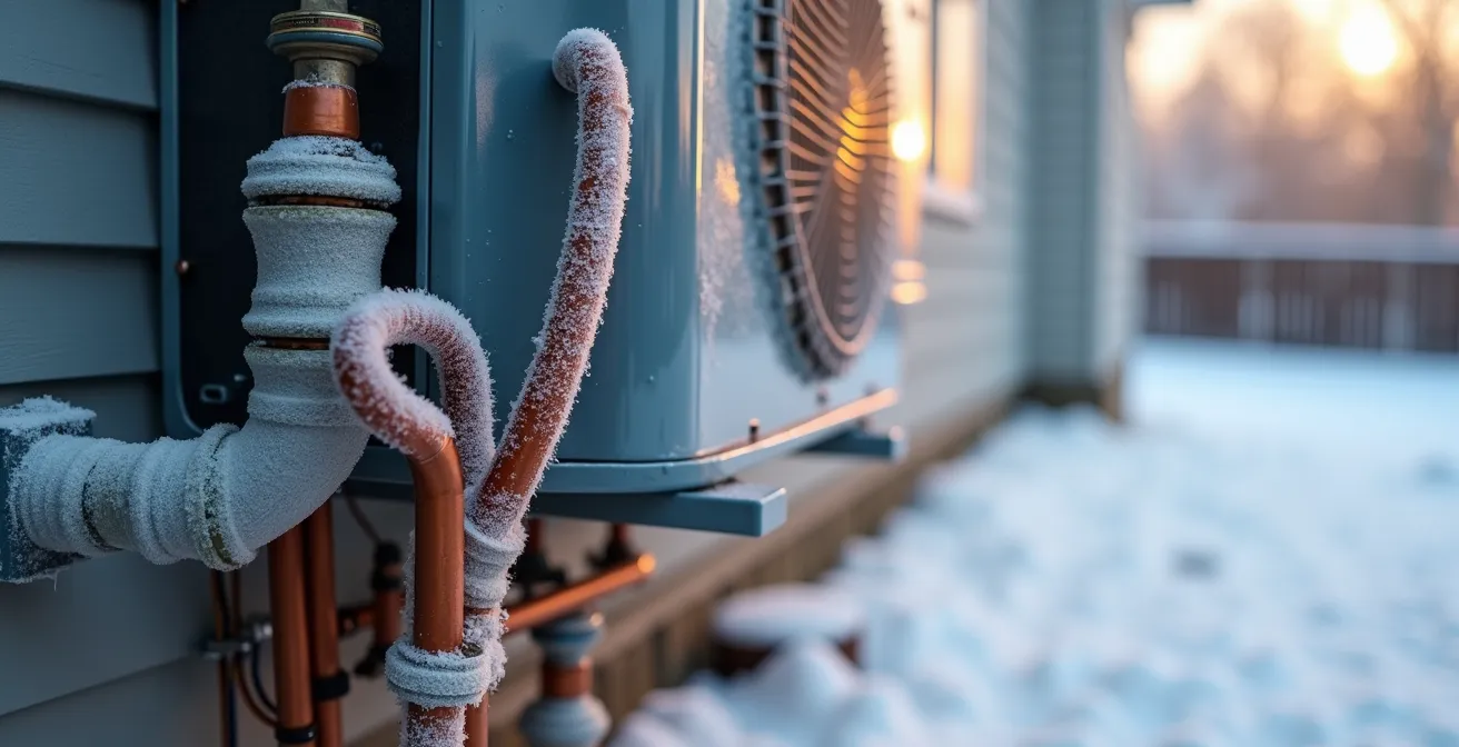 Gros plan sur l'unité extérieure d'une thermopompe centrale installée sur le côté d'une maison québécoise en hiver