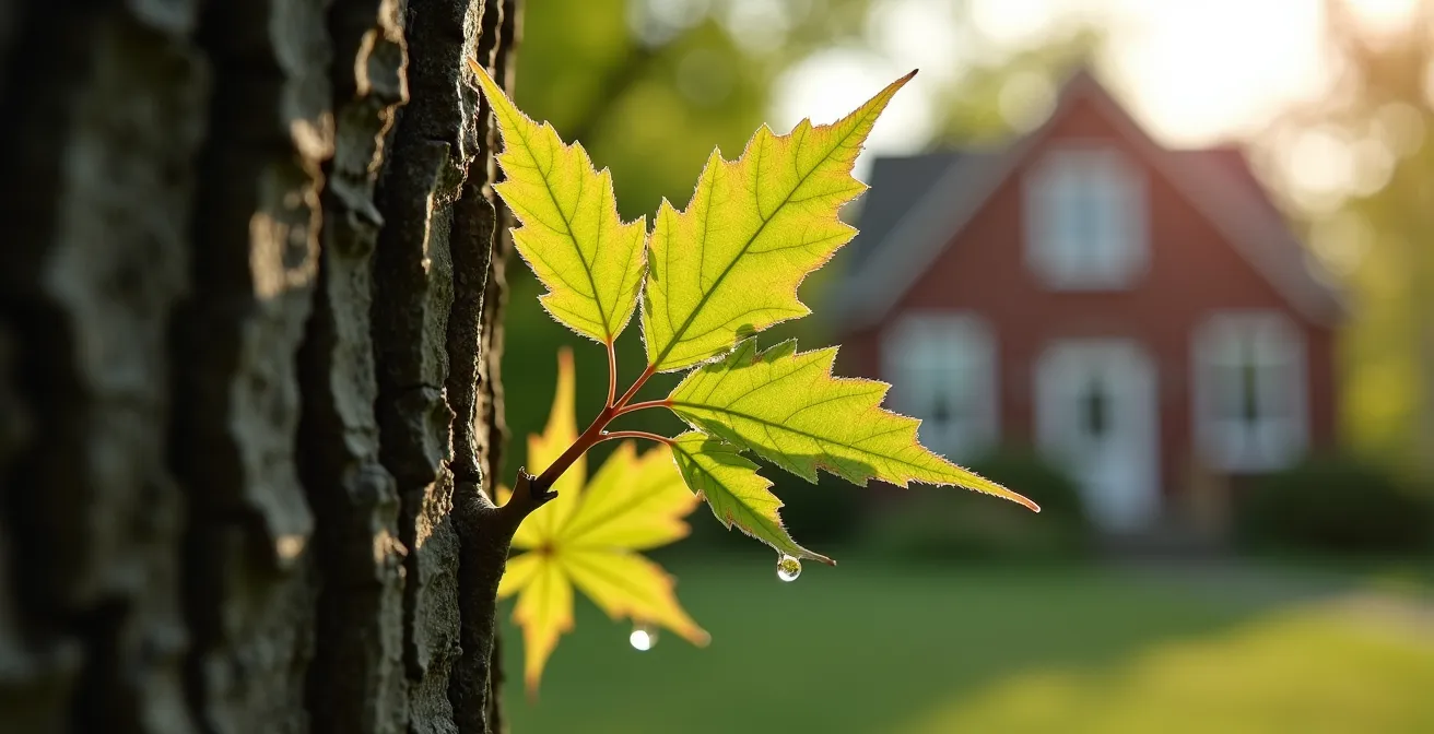 Jardin québécois montrant le positionnement stratégique des arbres selon l'orientation solaire