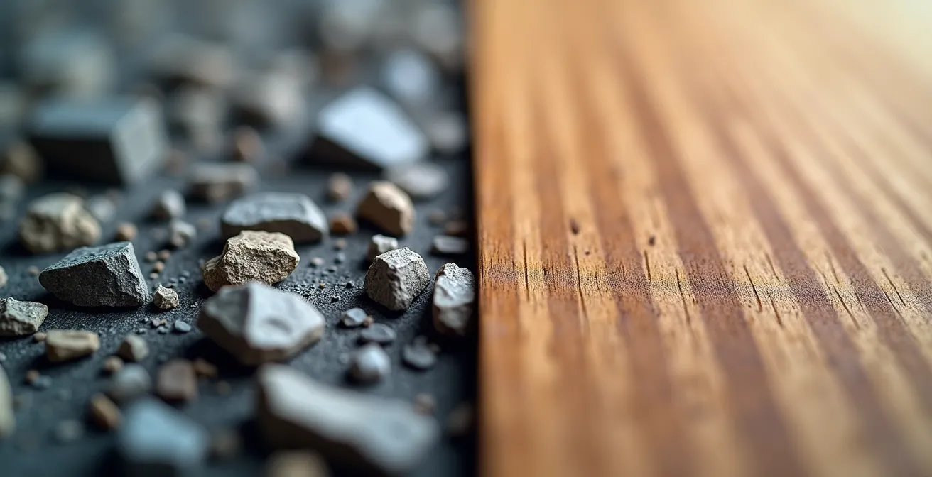 Gros plan sur l'association de granit brut canadien avec bois d'érable lisse