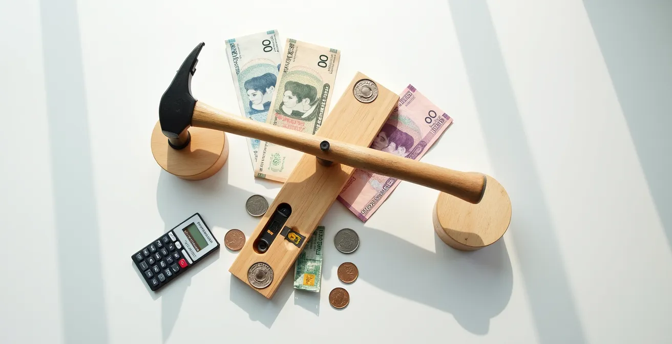 Tableau de décision avec pièces de monnaie et outils de construction