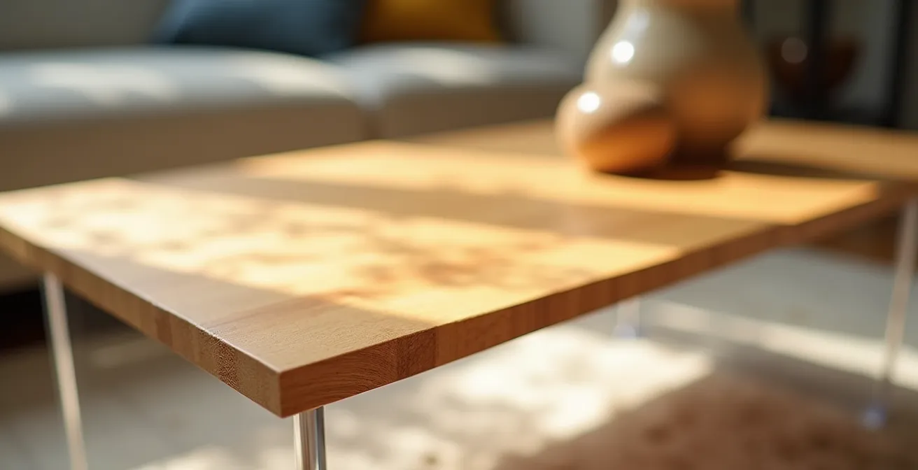 Salon québécois avec mobilier en érable clair et table basse en acrylique transparent
