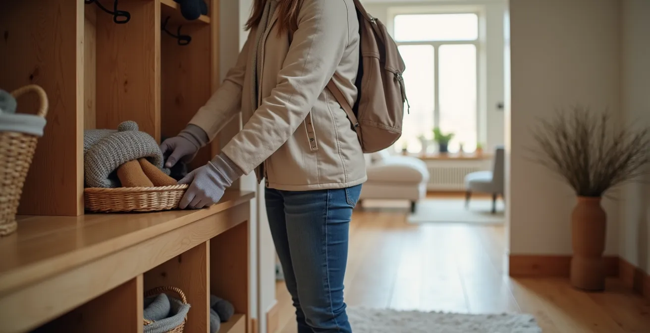 Entrée minimaliste québécoise avec rangements intégrés pour manteaux et bottes d'hiver