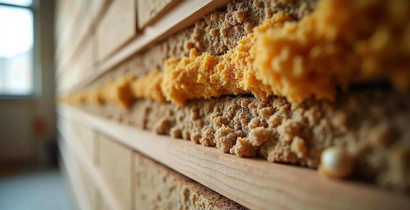 Coupe détaillée d'un mur biosourcé montrant les couches de chanvre, bois et paille