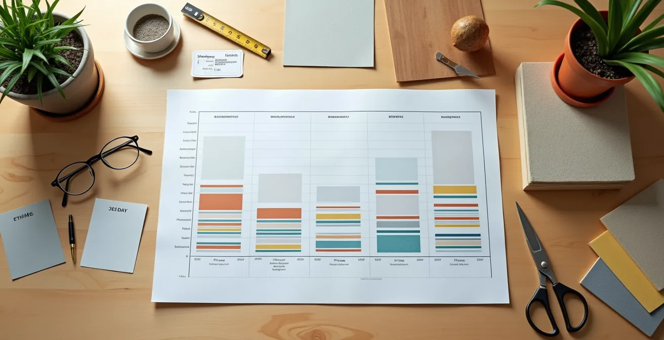 Vue aérienne d'une table de travail avec calendrier de projet et matériaux de construction