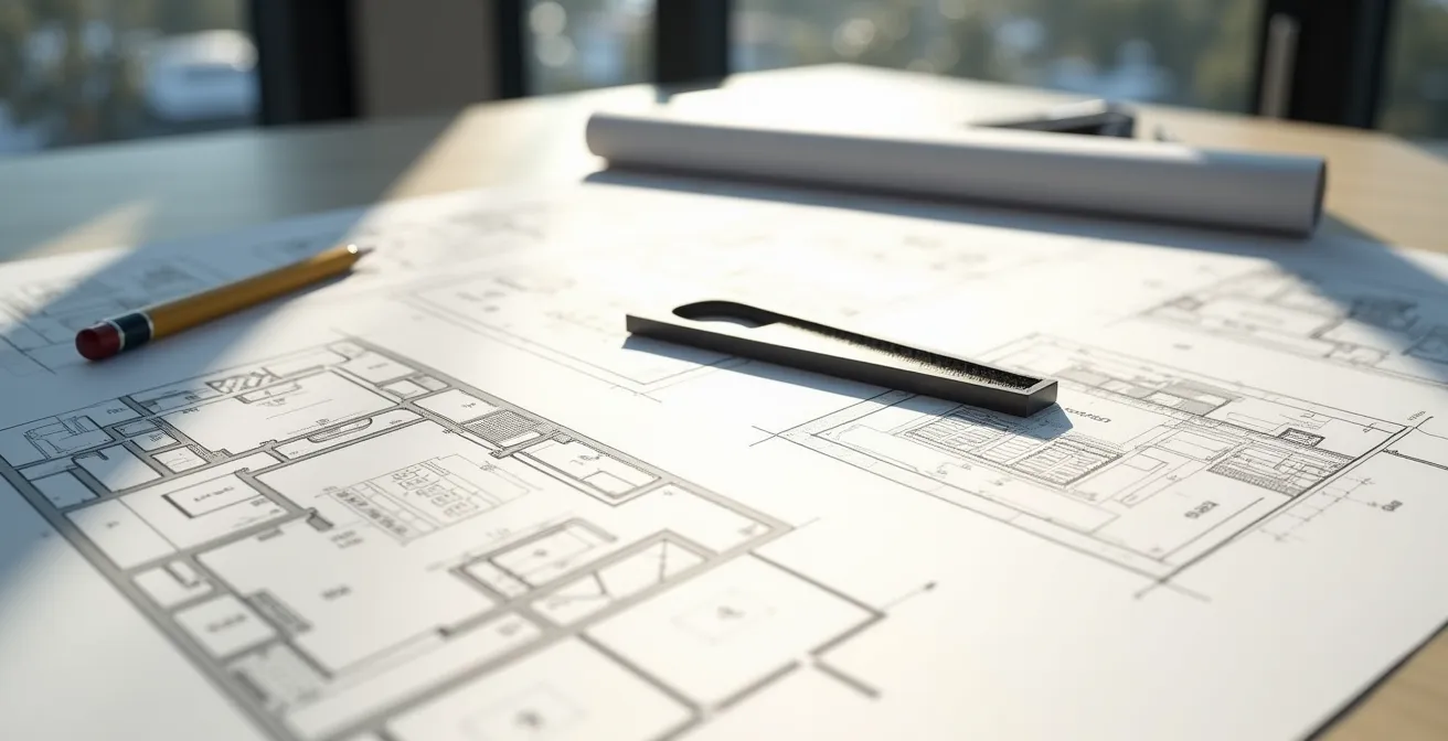 Ensemble de plans techniques superposés montrant les différentes couches d'un projet de rénovation