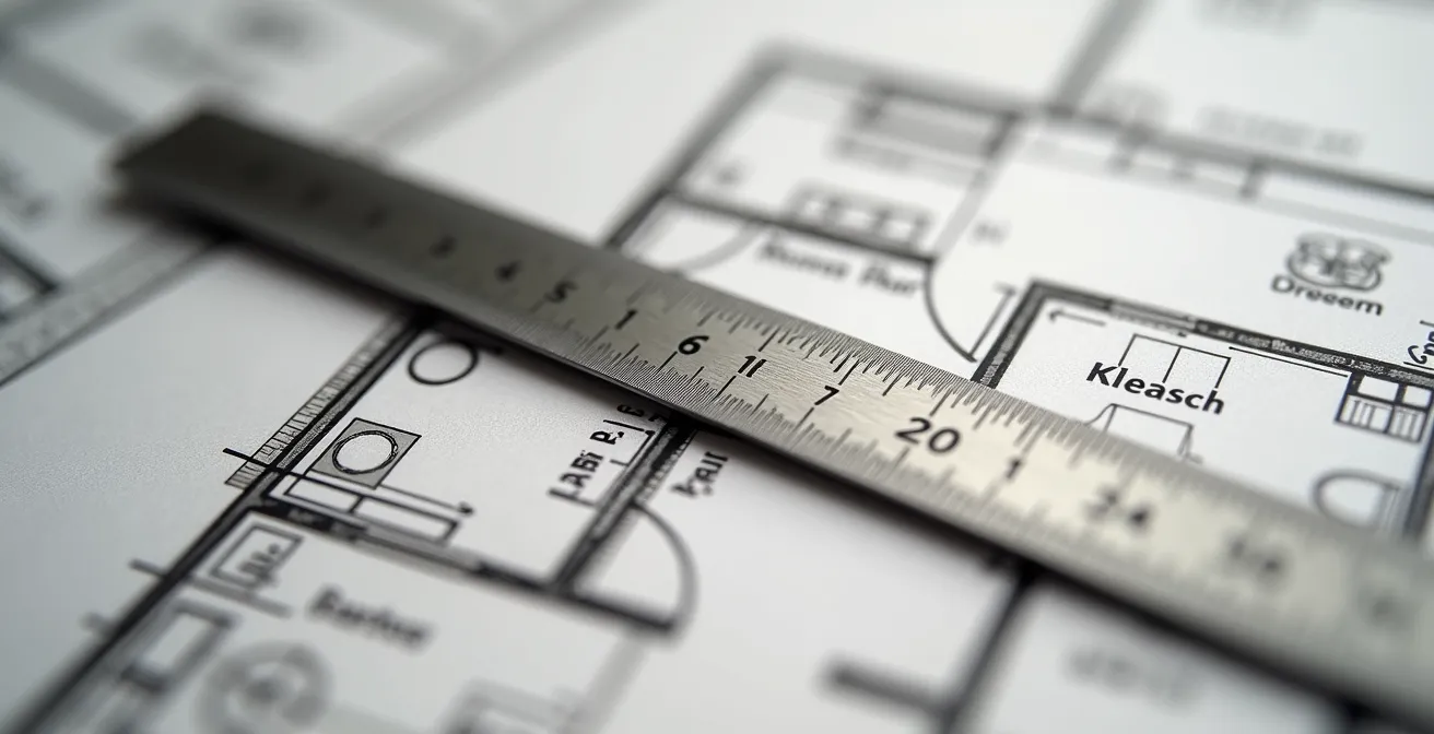 Vue macro détaillée d'un plan de cuisine avec règle d'architecte montrant les dégagements