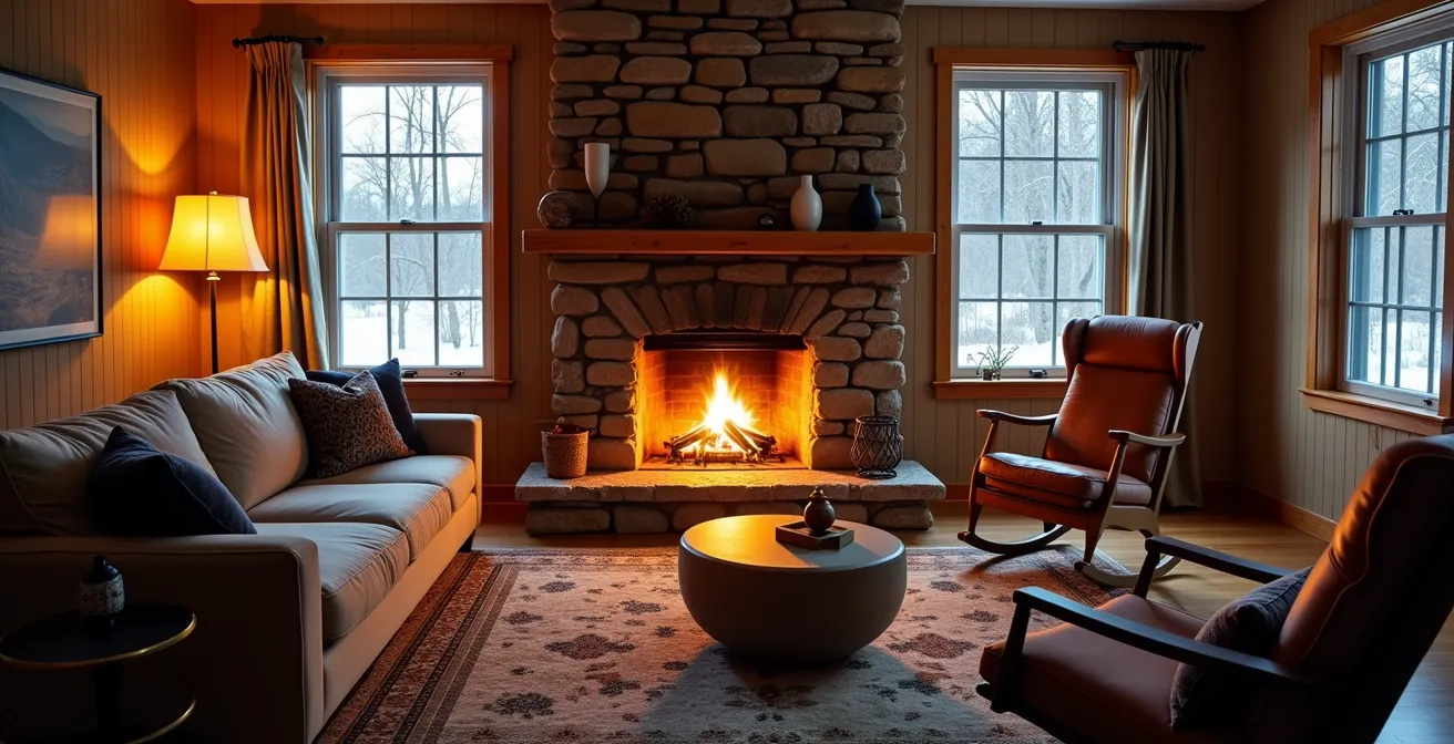 Salon québécois avec foyer en pierre des champs comme point focal naturel