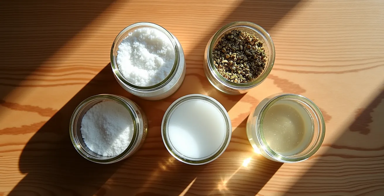 Arrangement de produits ménagers naturels avec bicarbonate, vinaigre et plantes locales sur comptoir de bois