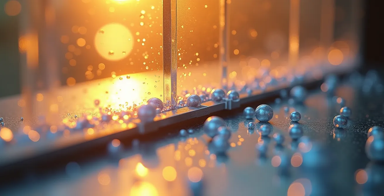 Coupe microscopique d'un vitrage avec couche Low-E métallisée et molécules d'argon visibles