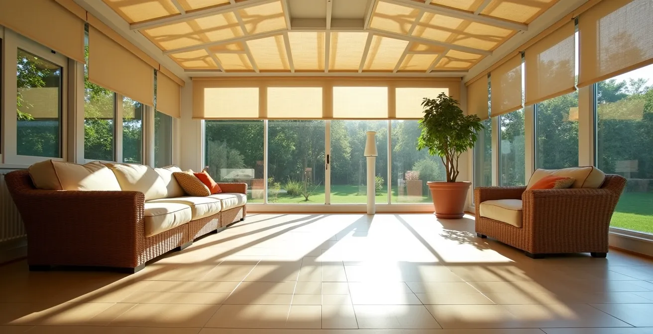 Store de toiture extérieur déployé sur une véranda ensoleillée créant un jeu d'ombres géométriques