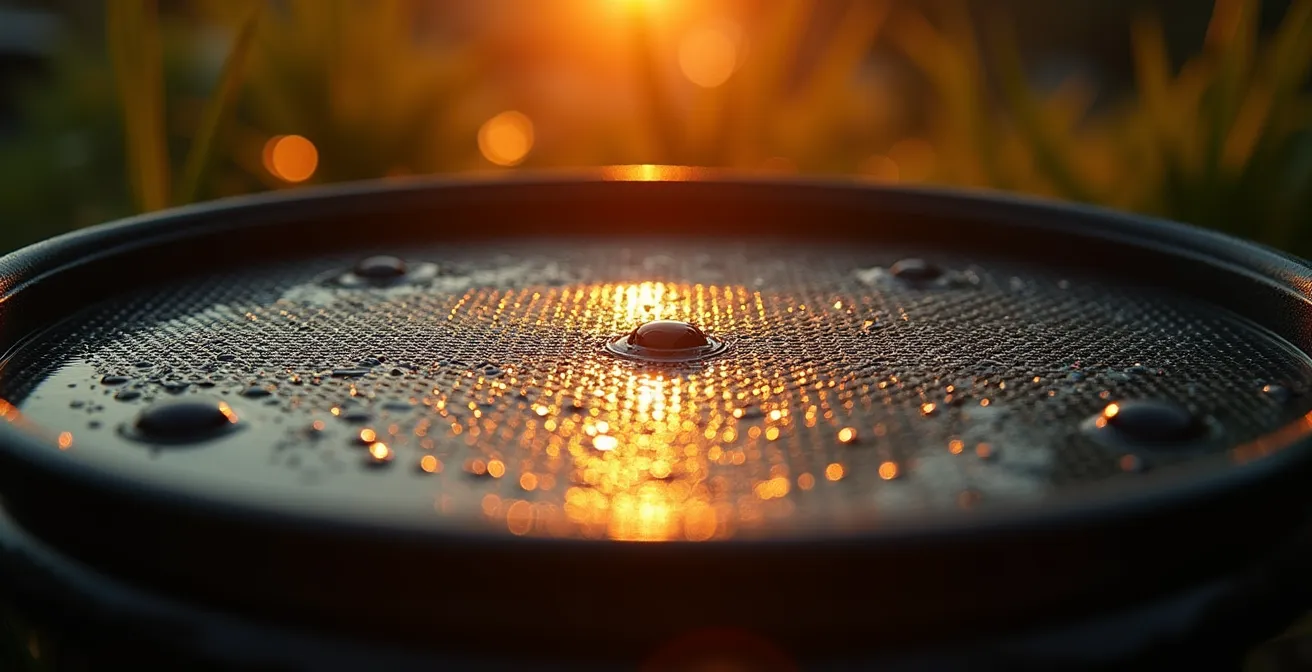 Système de protection anti-moustiques sur un baril de récupération d'eau avec grillage fin et couvercle hermétique