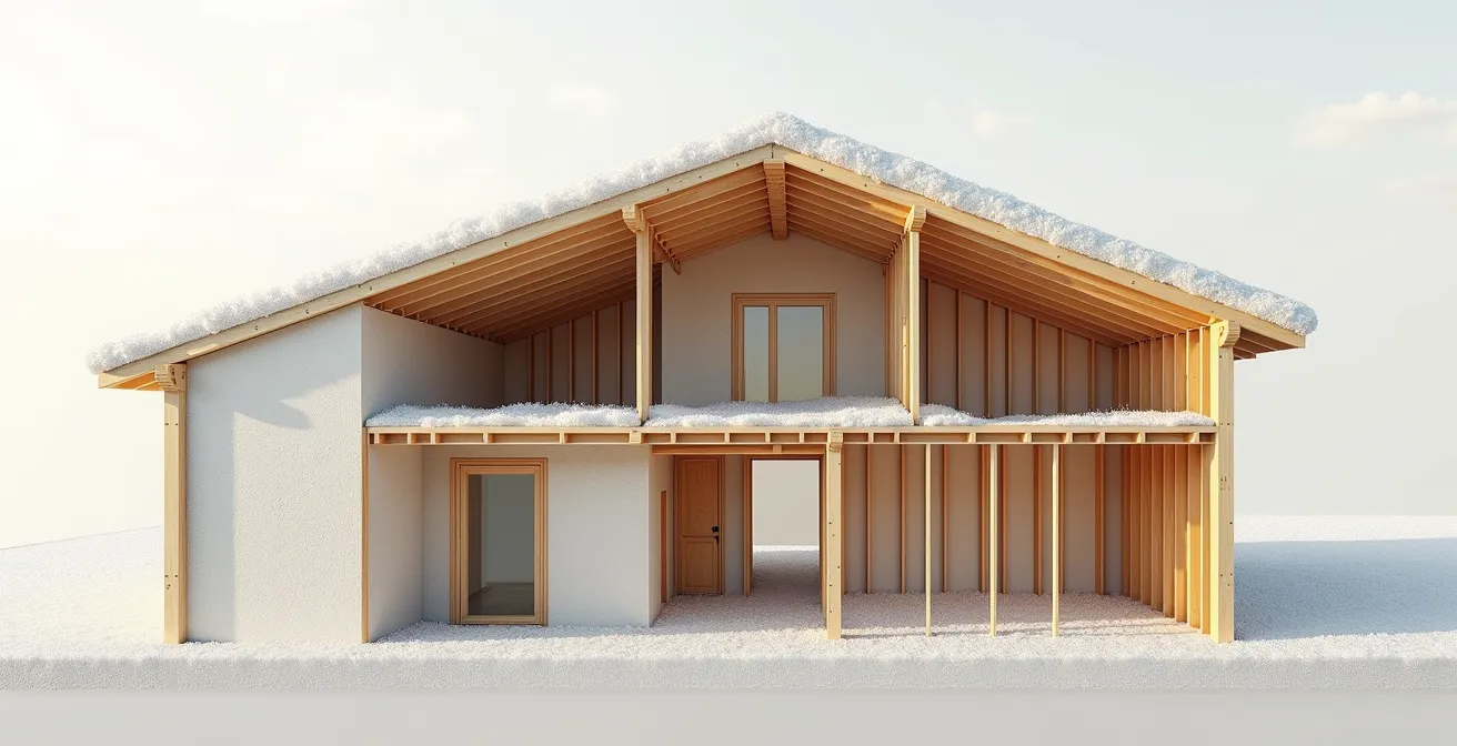 Application de cellulose soufflée dans des combles de maison québécoise