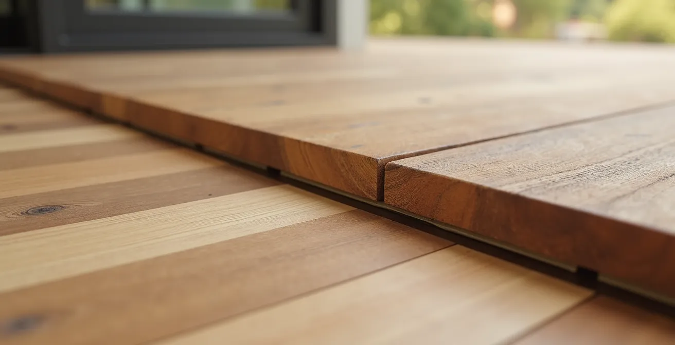 Transition sans obstacle entre un salon et une terrasse en bois au même niveau avec détail du seuil affleurant