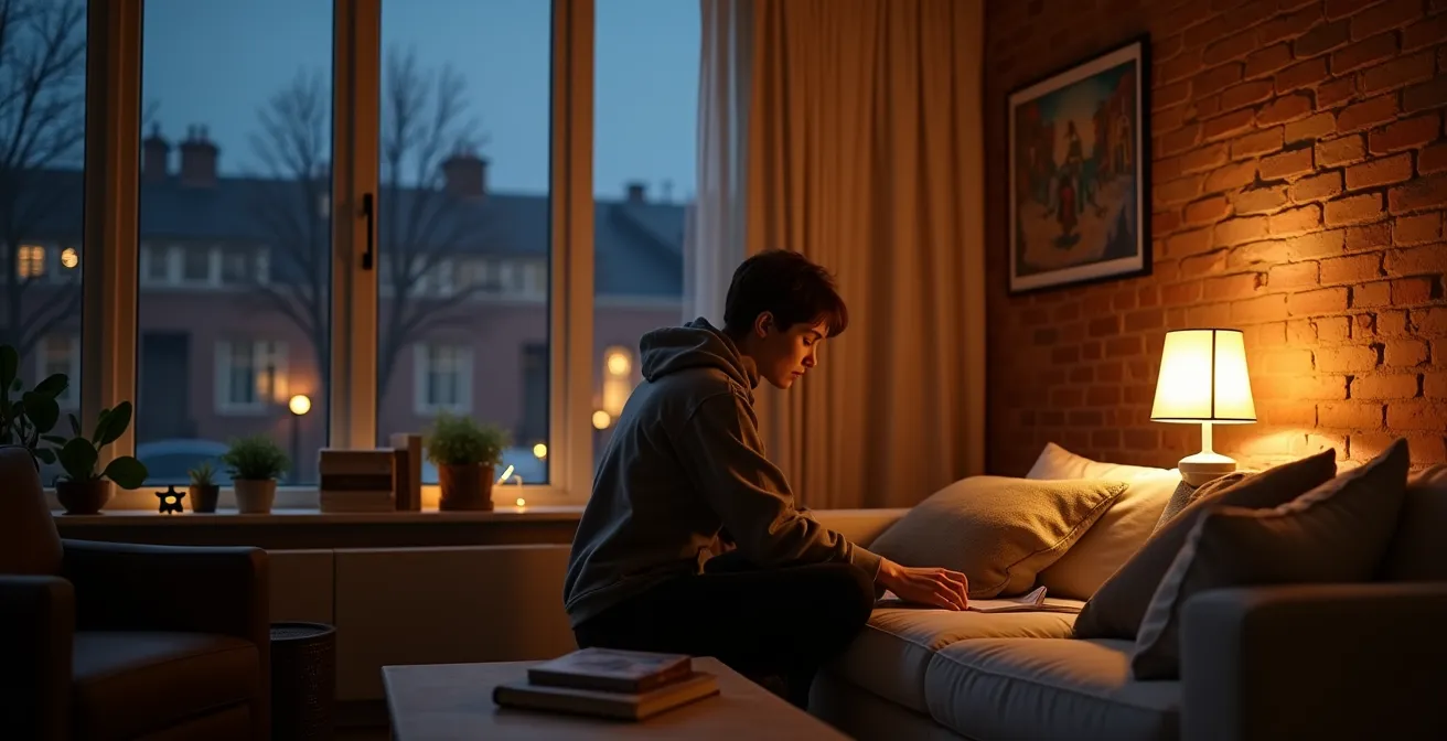 Salon québécois montrant les trois niveaux d'éclairage en action