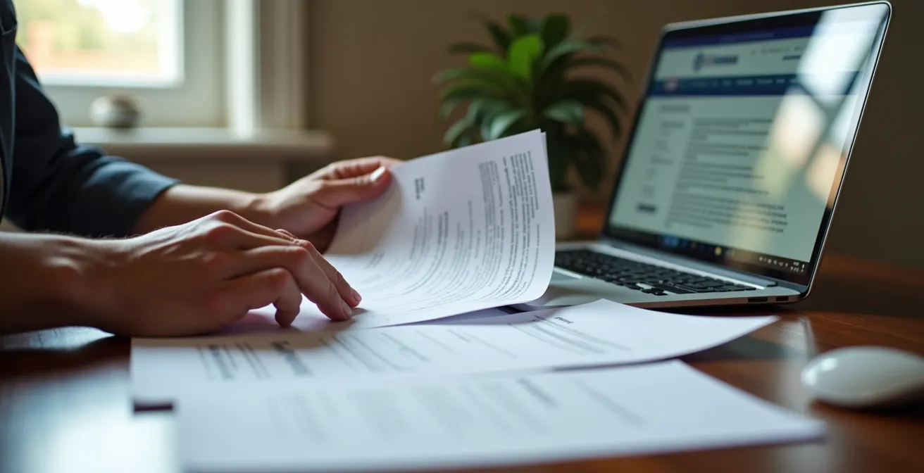 Un propriétaire examine des documents de vérification d'entrepreneur avec un ordinateur portable et des papiers officiels.