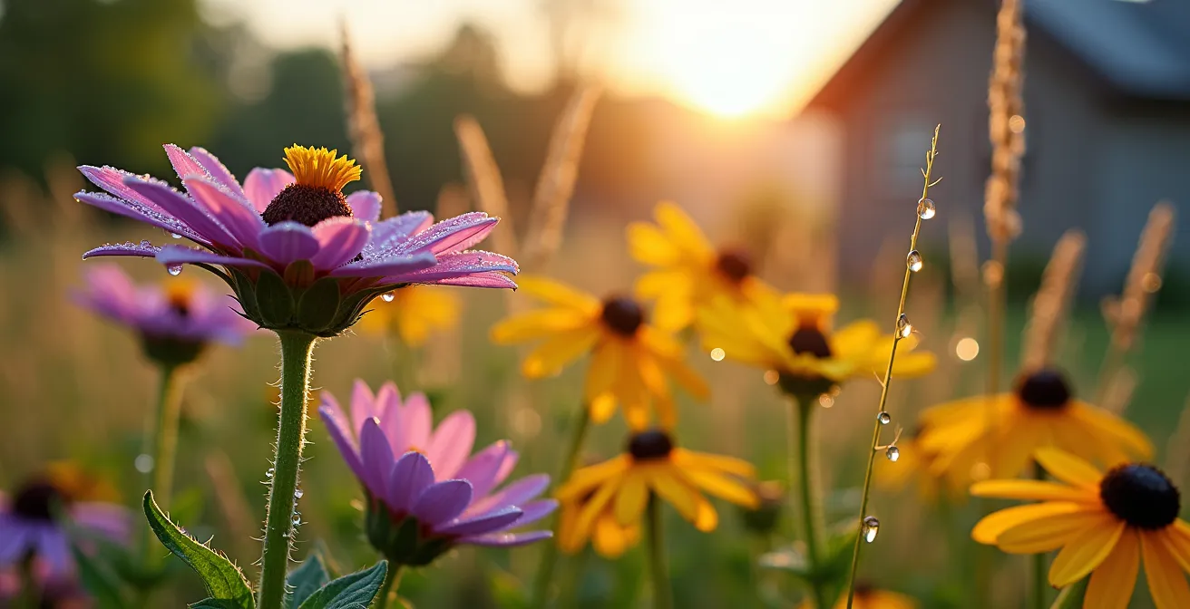 Jardin québécois avec plantes vivaces indigènes résistantes à la sécheresse entourant une maison moderne