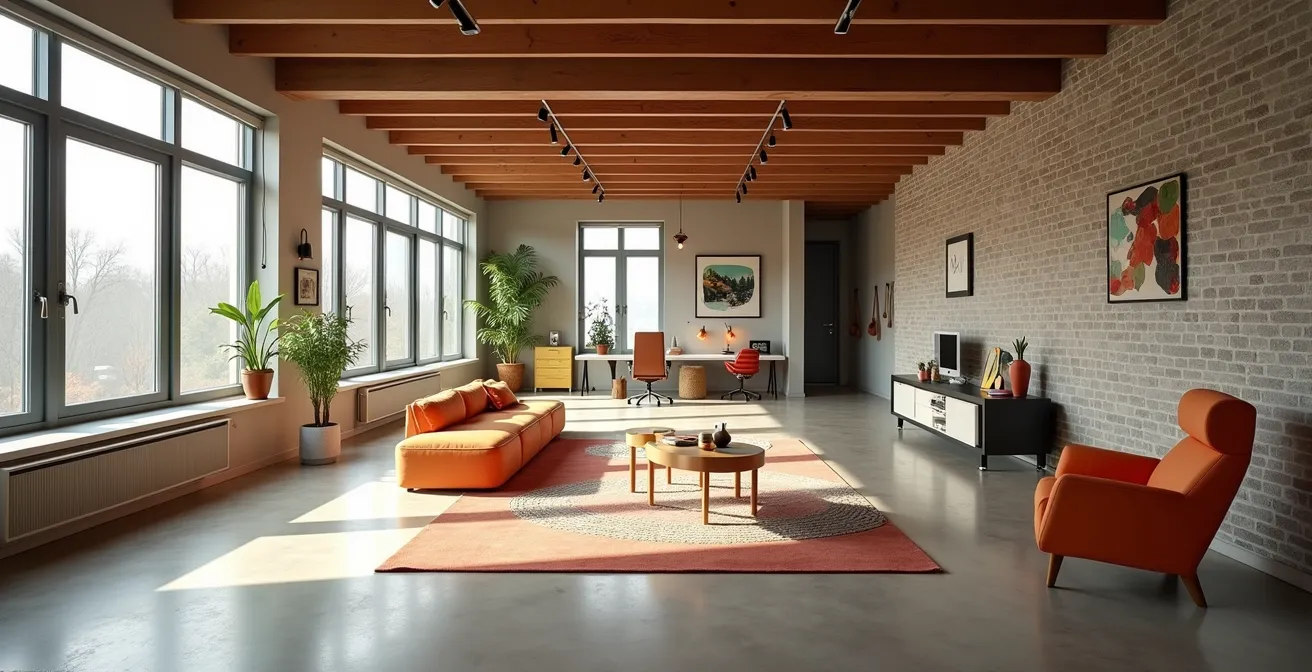 Vue aérienne d'un salon québécois divisé en zones fonctionnelles distinctes